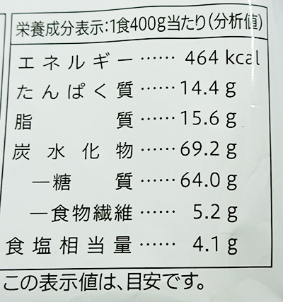 『五目あんかけ焼きそば』(冷凍)の栄養成分表示